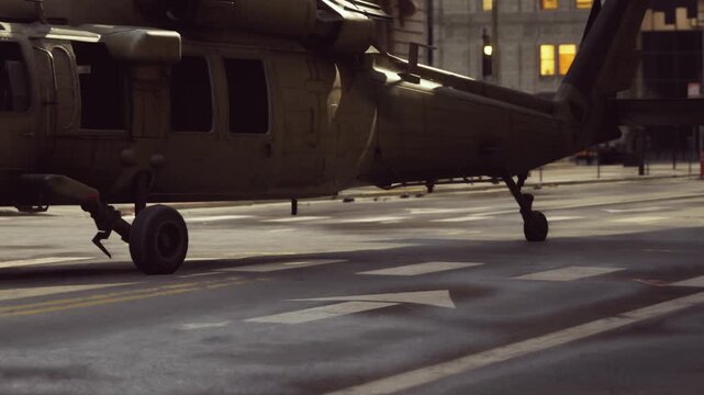 A military helicopter is parked on a city street during the day. Buildings surround the area, and the helicopter appears to be in preparation for flight. The sun reflects off the windows.