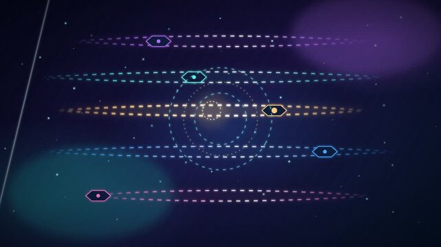 Colored signal markers moving along five dashed orbital tracks