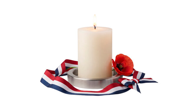 White Memorial Candle with Patriotic Ribbon and Red Poppy, No Background, Transparent PNG