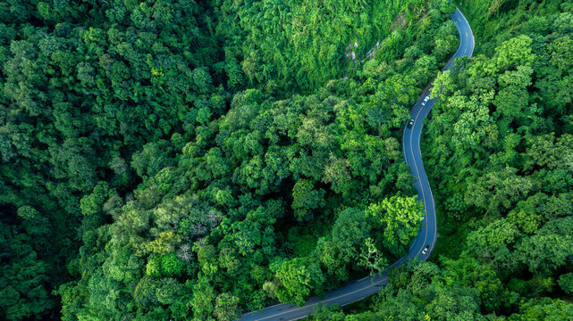 Aerial forest road with car creating abstract background for electric vehicle, ESG, sustainability and green investment business concepts.