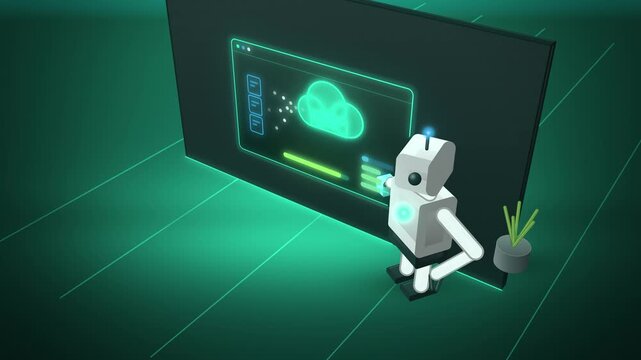 Teal humanoid robot with cloud backup angle view endless loop
