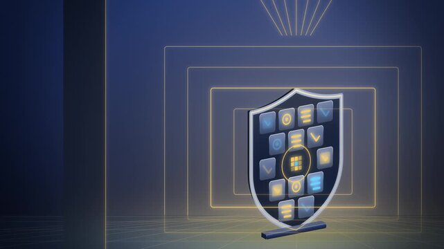 Gold shield of rules with AI chip AI governance angled view assembling