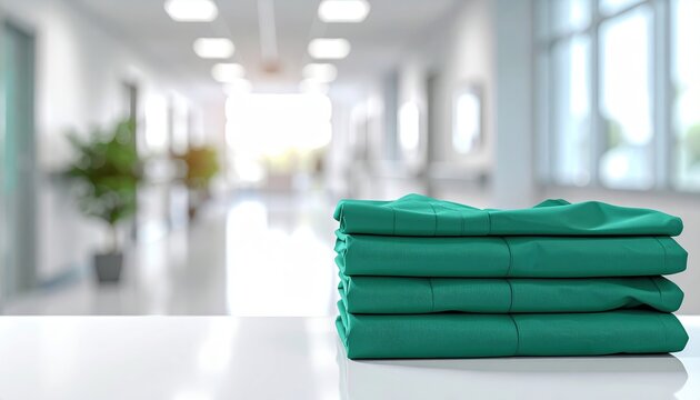 Neatly folded green medical scrubs on a white counter, modern hospital corridor softly blurred behind