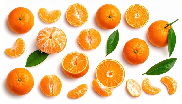 Tangerines and mandarins with whole fruits, peeled segments, halves and slices, isolated on white.
