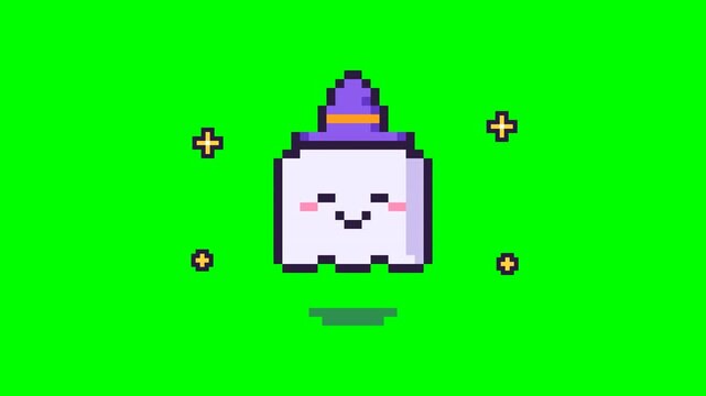 A charming pixel art ghost character wearing a witch hat, animated with a happy expression and floating with sparkling effects. Ideal for Halloween or spooky themed content.