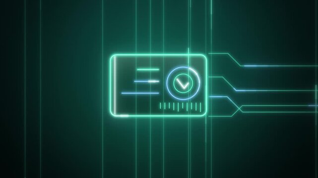 Teal neon ID card light beams close-up endless loop