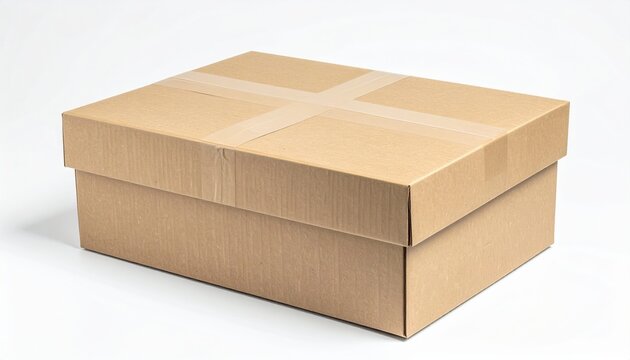 Medium brown cardboard parcel box with neatly folded flaps, isolated on white background