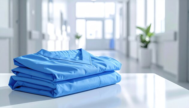 Blue medical scrubs neatly folded on a white table in a bright hospital corridor, realistic textile details