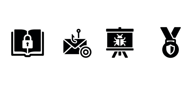 Security book email with key bug report and shield icon set silhouette