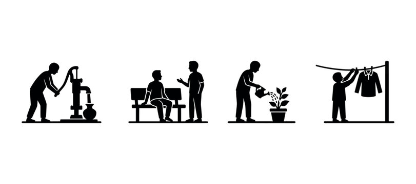 Four scenes depicting daily life activities in black silhouette