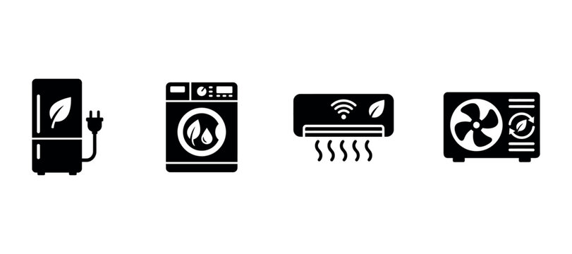 Eco friendly appliances with leaf motifs presented as a flat icon silhouette