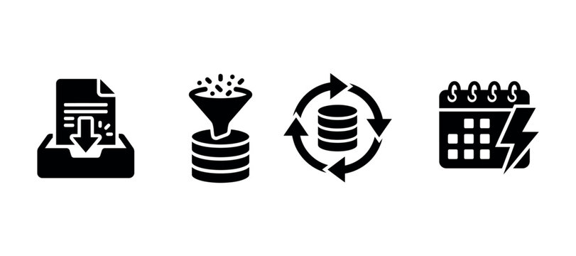 Download filtering database and calendar icons in black silhouette