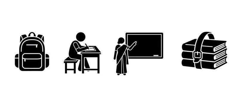 School supplies and teaching scenes depicted as black silhouettes