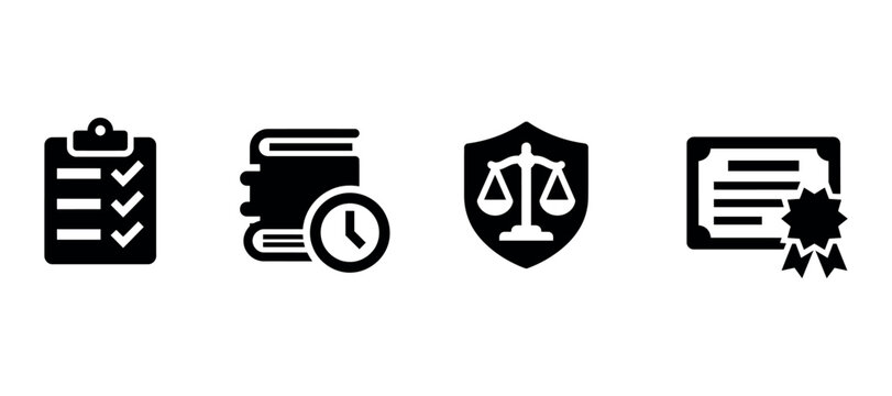 Legal icons featuring checklist law book scales and certificate silhouette