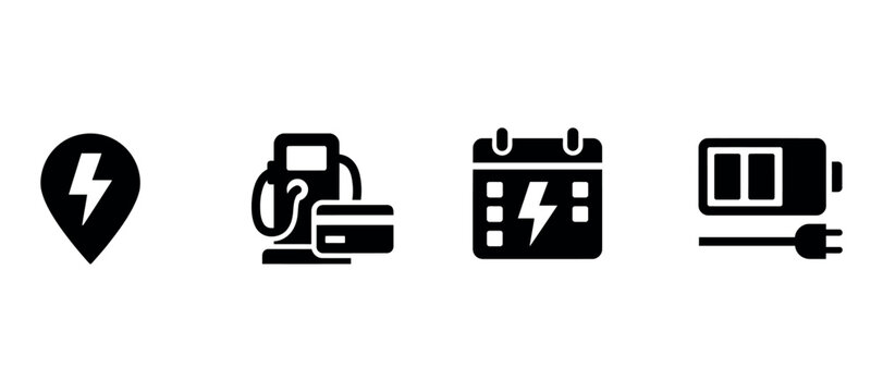 Electric vehicle charging icons with location calendar and battery silhouette