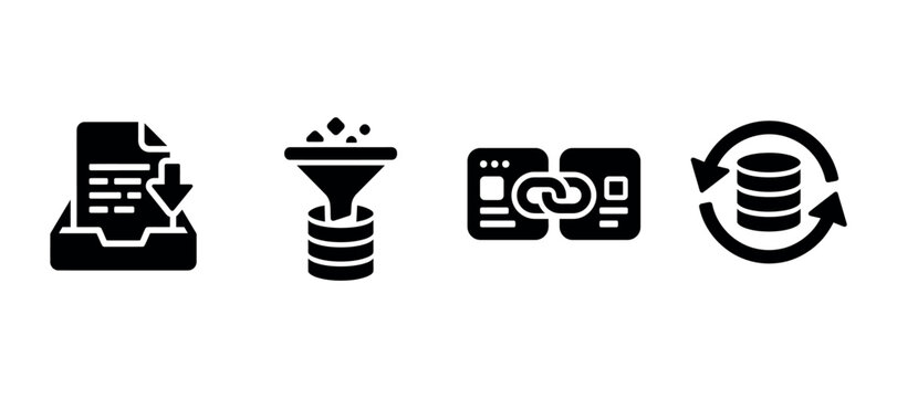 Data filtering processing linking and backup icons in black silhouette