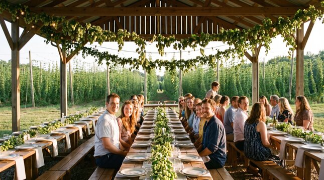 Fresh Hop Bine Garlands Hanging Over Long Tables at Harvest Beer Festival
