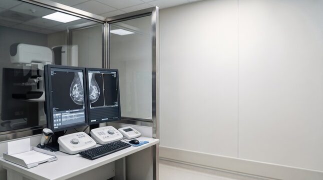 Mammography workstation presents breast images on two diagnostic monitors. Clinical imaging desk has control consoles and keyboard beside equipment enclosed behind glass partition.