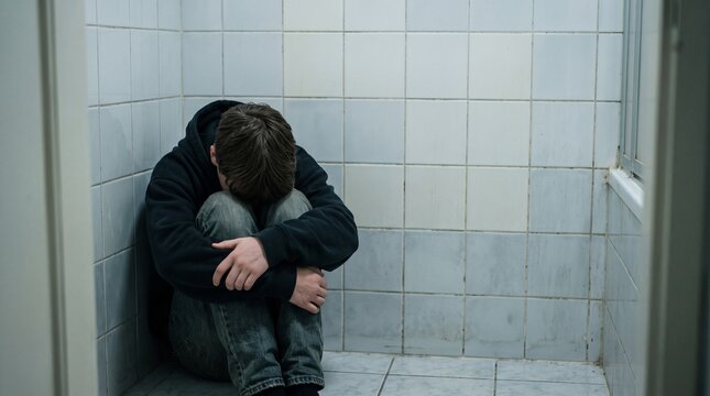 Distressed teenager sitting alone on tiled bathroom floor, curled up with head down. Teen bullying and social isolation. Adolescent mental health and depression awareness.