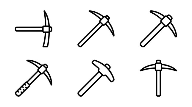 Minimalist pickaxe icons vector set, mining tools outline graphics, construction symbols