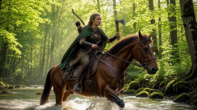 Shieldmaiden on chestnut horse fording a spring forest stream