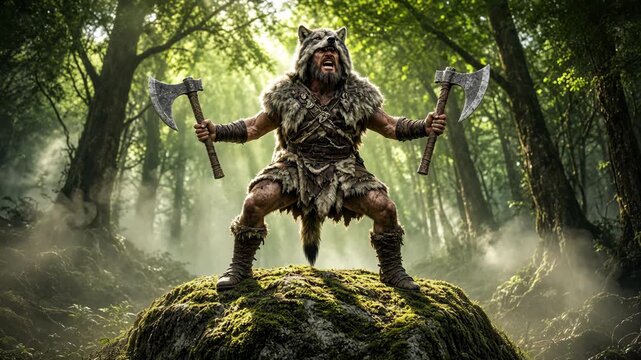 Berserker with two axes leaping onto a boulder in misty forest