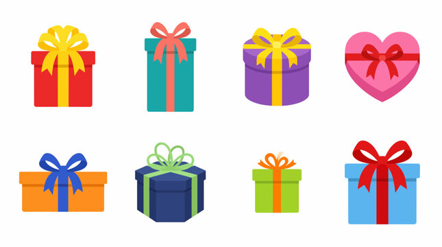 Set of Colorful Gift Box Icons in Various Shapes and Colors Vector Illustration