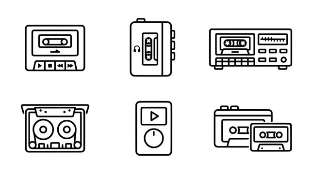 Retro cassette player icons, vintage audio tape vector set, 90s music symbols and devices
