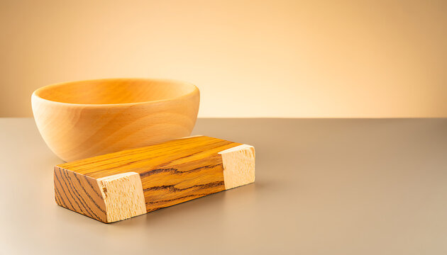 Wooden Bowl and Block on Surface with Warm Lighting Studio Setting