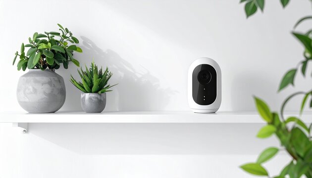 Smart indoor camera on a clean white shelf