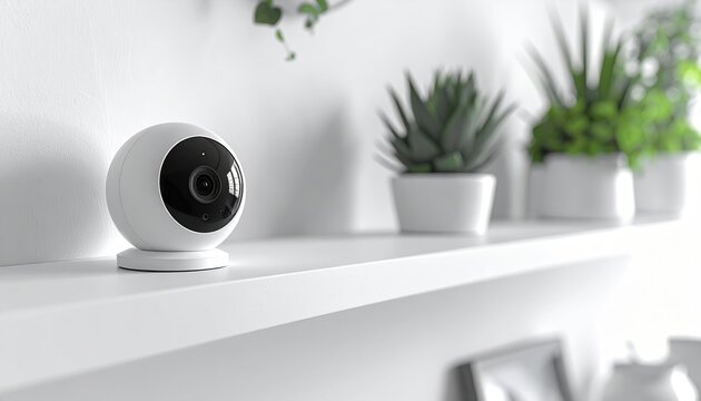 Smart indoor camera on a clean white shelf