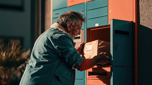 An older man returns a sealed box to an automated parcel locker in soft winter daylight. The steel blue, orange, and gray palette conveys a modern, secure delivery process.