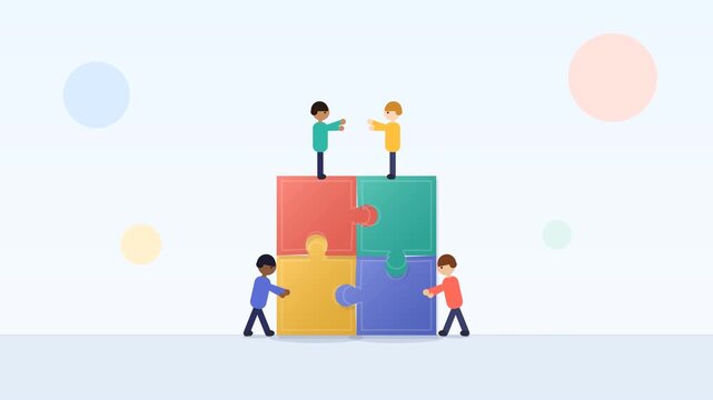 Cartoon team pushes and lowers giant colorful puzzle pieces into place and celebrates. Seamless 4K loop for teamwork, partnership and business.