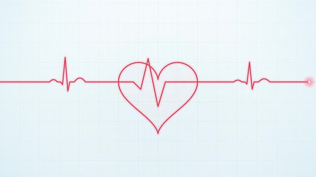 Red ECG heartbeat line draws a heart icon on a medical grid, then pulses and fades. 4K loop for healthcare, cardiology and health infographic videos.