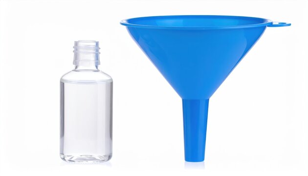 Plain refillable household bottle and funnel isolated on white background