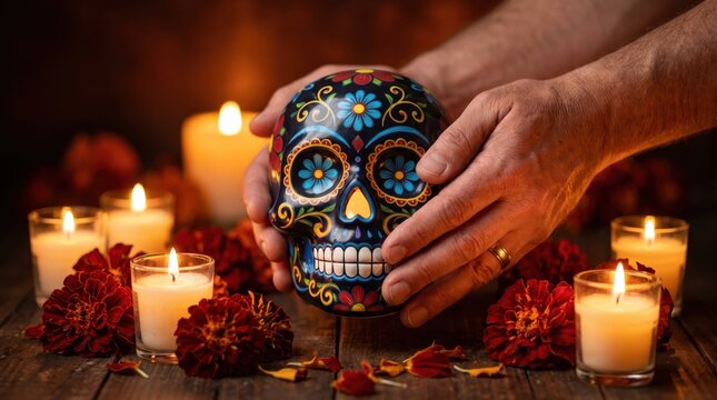D&iacute;a de los Muertos sugar skull held with warm hands among flickering candles and marigolds celebrating tradition
