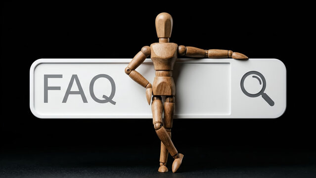 Photographic illustration of a wooden mannequin leaning against and a pose a white search bar with the text FAQ and a magnifying glass icon, symbolizing frequently asked questions, and online help.