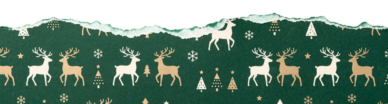Torn dark green paper edge with a Christmas reindeer and trees pattern on a transparent background