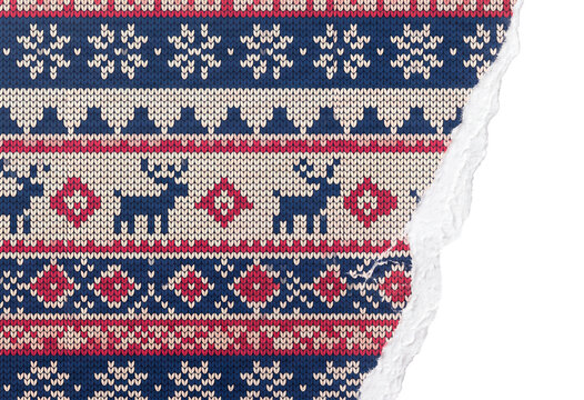 Torn knitted ugly sweater pattern paper edge with reindeer on a transparent background