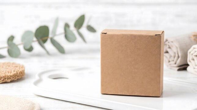 Brown cardboard soap box on white tray with eucalyptus and linen towels