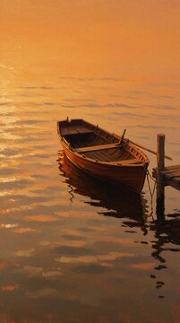 Wooden rowboat tied to wooden pier at sunset. Small dinghy floats on calm water with gentle ripples. Orange amber sky reflects in lake surface. Peaceful evening landscape with empty boat at dock