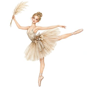 Watercolor Ballerina in Arabesque Holding Pampas Plume