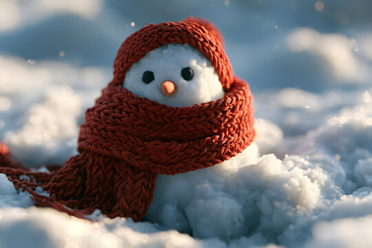 A charming snowman buried in snow