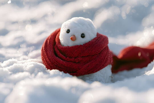 A cute snowman buried under a thick layer of snow