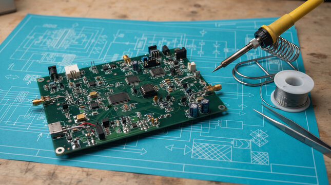 A green electronic circuit board sits on a blue technical blueprint with soldering tools nearby.