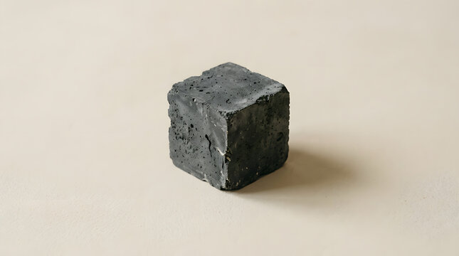 Single dark grey textured whiskey stone cube on neutral background.