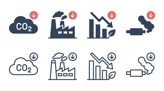 Reducing carbon emissions and industrial pollution reduction icons set with downward red arrows