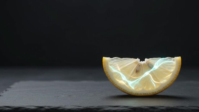 Macro shot of stationary translucent citrus pulp on dark stone surface, subtle glowing cellular osmosis hydration loop with vast empty copy space