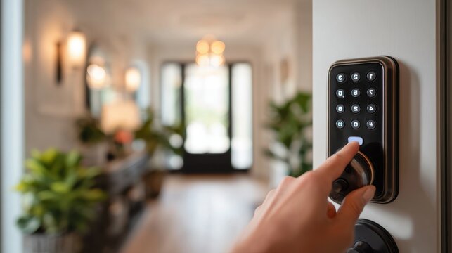 Hand enters a code on a digital door lock keypad for keyless home access, with the entrance hall softly blurred beyond the secure doorway.