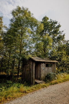 Old wooden shelter beside forest trail